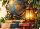 Libros, globo terráqueo y farol