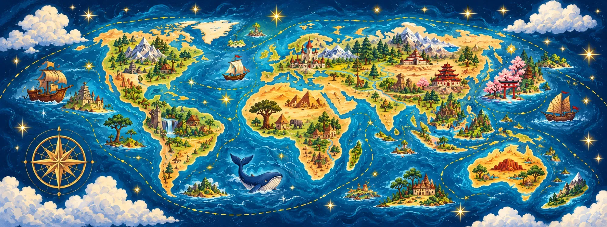 Munduko ipuinen atlas magikoaren mapa ilustratua: kontinenteak, itsasontziak, balea eta iparrorratza